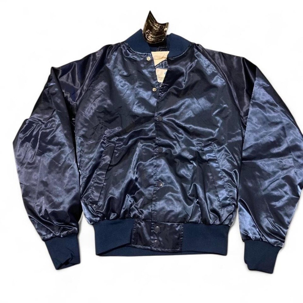 DEADSTOCK Executive class navy blue satin jacket snap cloth liner S/20
